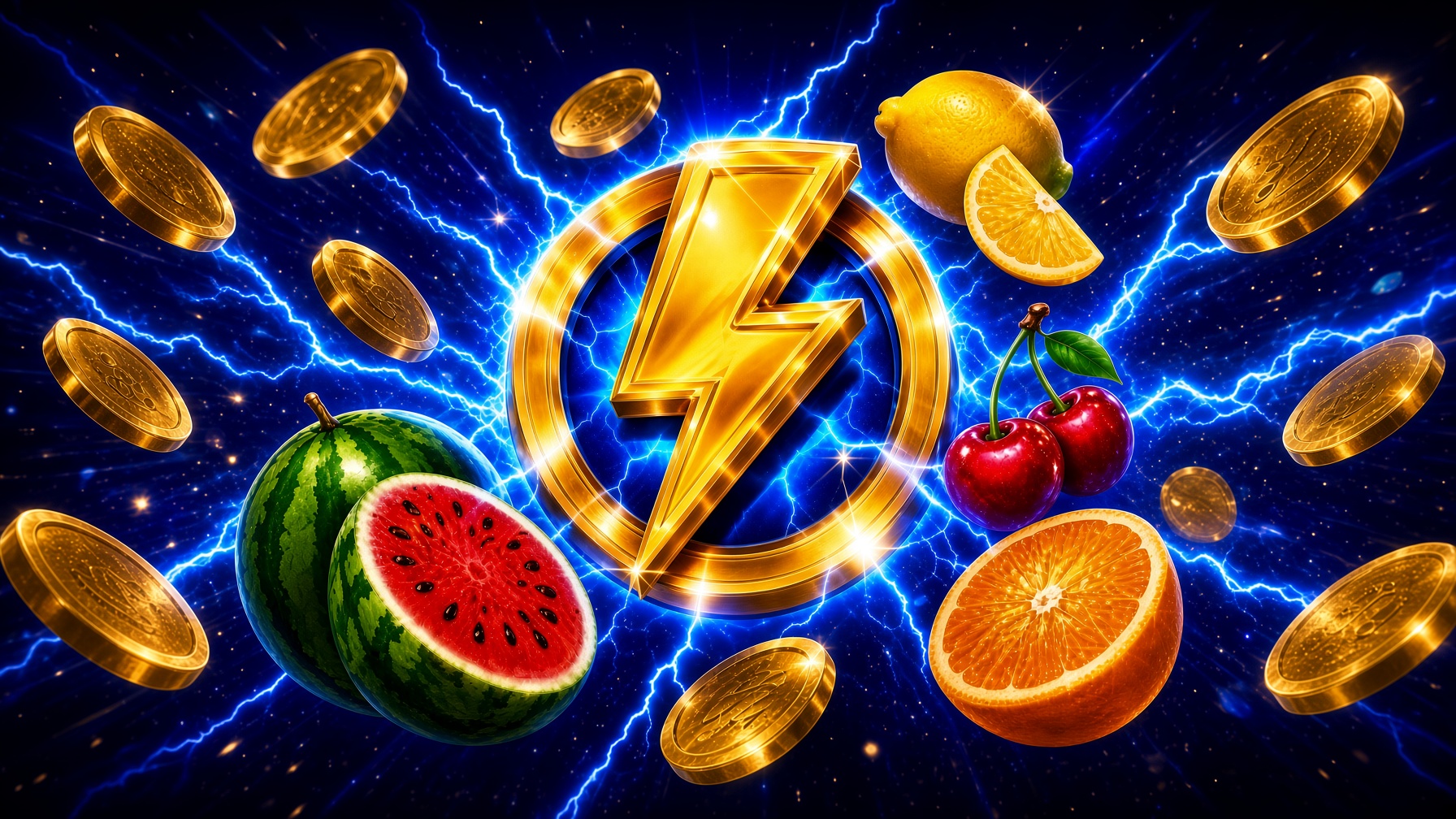 A golden lightning bolt, coins and fruit against an electric blue background